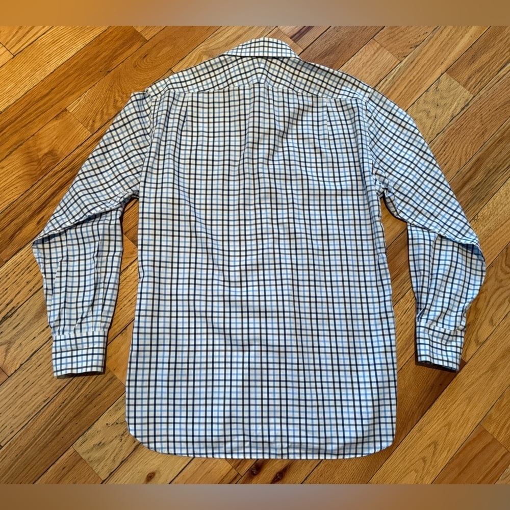 Peter Millar Nanoluxe Easy Care Shirt Blue/White/Brown Check Men Sz M 15.5 Reg - Picture 7 of 12